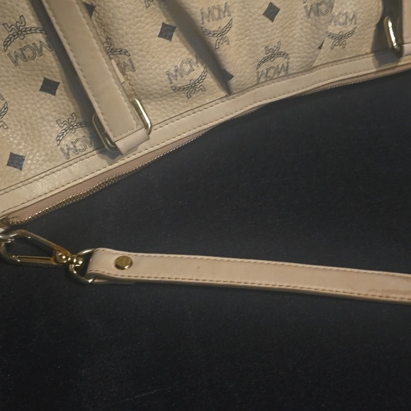 MCM Beige Monogram Canvas Shoulder Bag with Gold Plaque